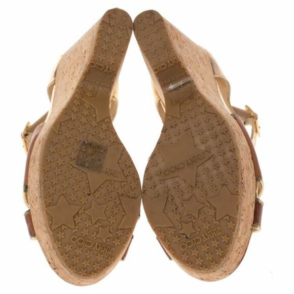 Jimmy Choo Brown/Metallic Gold Leather Pape Mirrored Cork Wedge Sandals Size 7 - Picture 5 of 16